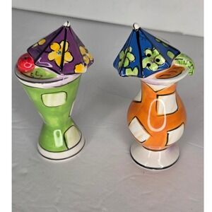 Clay Art Tropical Cocktail Salt and Pepper Shakers Tiki Bar Drinks Umbrella Set